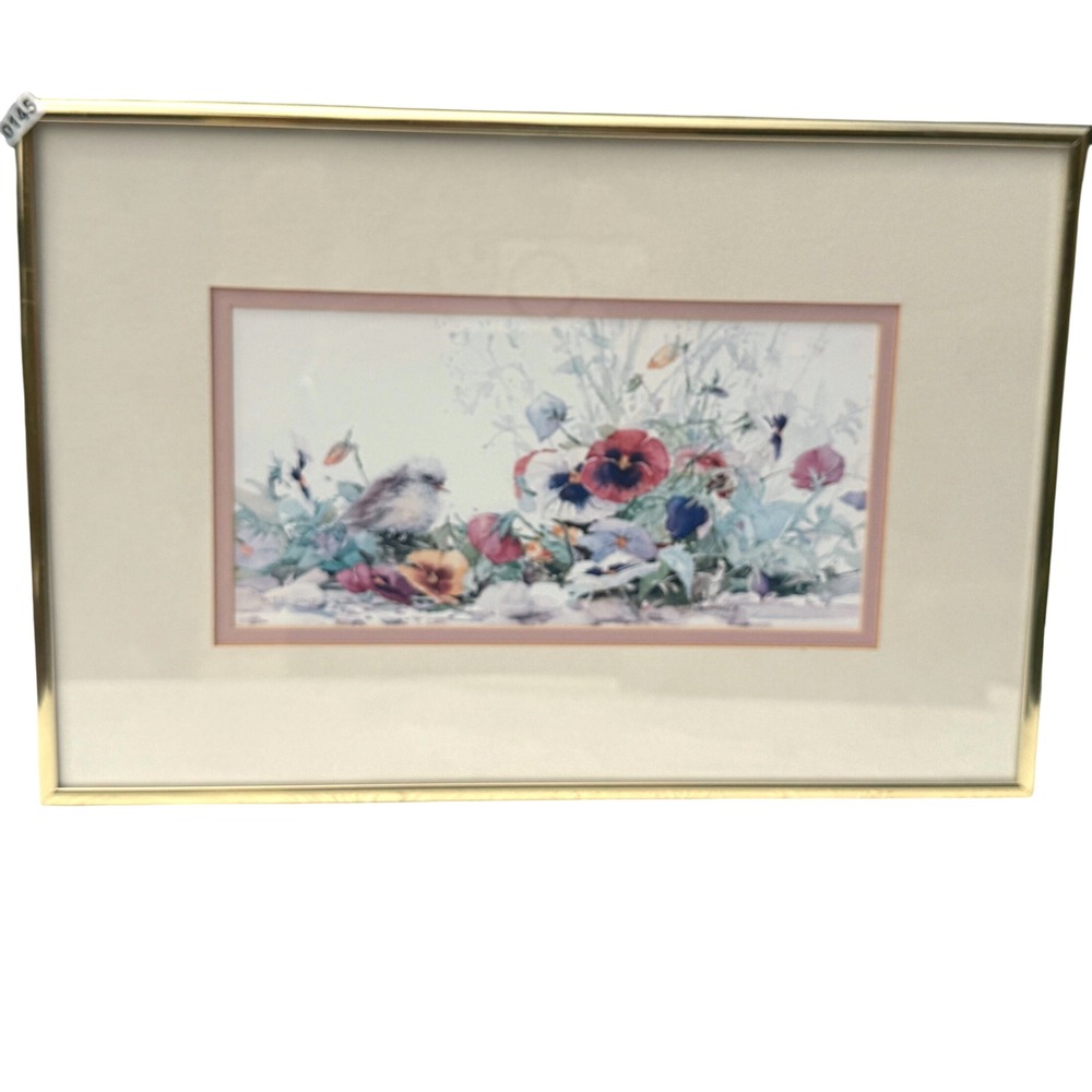 Vintage Marilyn Simandle Wee One Bird and Pansies Watercolor Print Framed 16x12